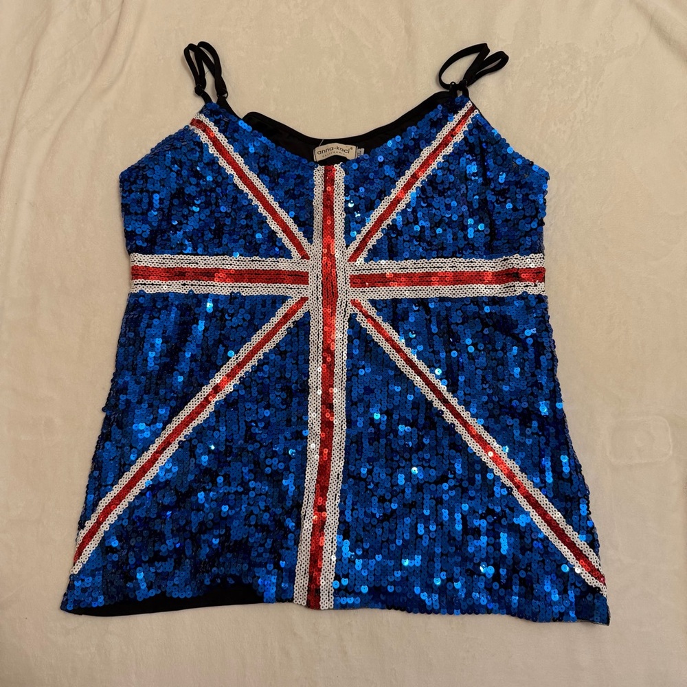 Sparkling Blue Sequin Camisole with Union Jack Design